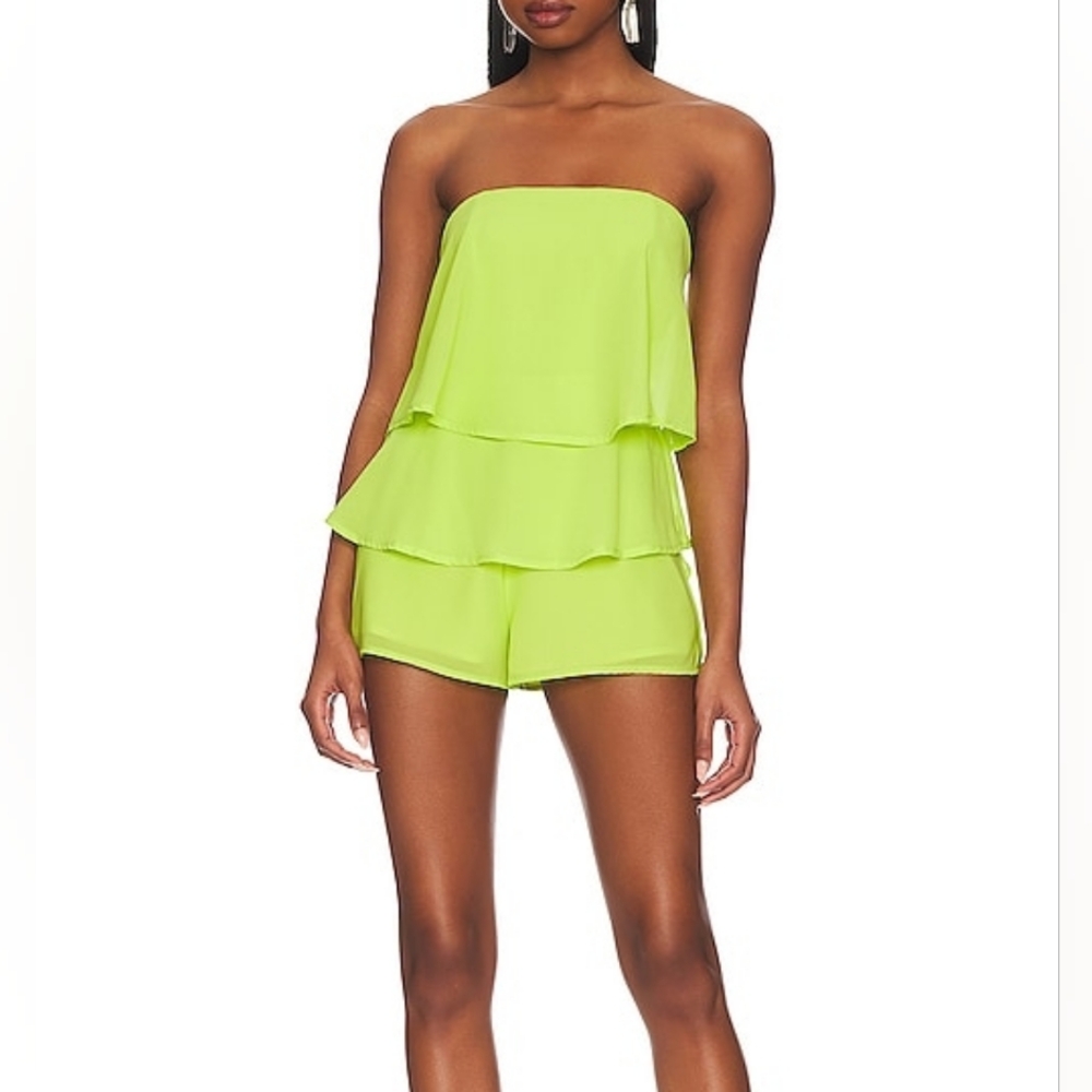 Superdown Jocelyn Neon Strapless Ruffle Romper Revolve
